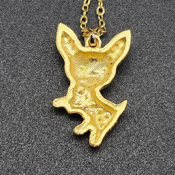 🩷 3/$15 Golden Chihuahua Pendant Necklace w/Brown Crystals & Bow Tie N… - Picture 2 of 3